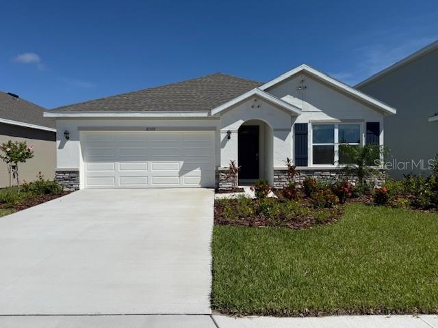 Beautiful, BRAND NEW HOME FOR YOU. Back yard is partially fenced. Sit on the covered back porch and enjoy your morning coffee or nightcap. This spacious 3 bedroom / 2 bath home has an outstanding, open layout which optimizes the living space. One-story, two car garage layout. Open kitchen overlooks the living area and dining room, which include extended tile. The well-appointed kitchen features all new stainless steel appliances, including refrigerator, built-in dishwasher, electric range and microwave. Main bedroom is located at the back of the home for privacy features an en suite, large bath including dual sinks and vanity. The additional bedrooms share a bathroom. All kitchen and bath counters are solid stone and look amazing. The laundry room comes equipped with washer and dryer. Large garage and driveway for great parking. Beautiful outside landscaping. Modern look throughout and squeaky clean and fresh. Never lived in so you will be the first. Excellent landlord. 1,672 sq feet is more than enough for your needs. Community is awesome and features a community pool, pool area with covered eating areas and grilling availability, playgrounds and more. Great location in award-winning Lakewood Ranch and near stores, restaurants, library, parks and more.