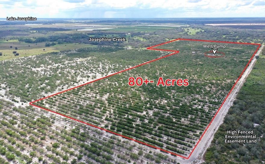80+- Acres of productive citrus grove located next to a wildlife preserve along Lake Josephine Creek & Lake Istokpoka Wildlife preserve corridor. As a result bountiful number Deer, Turkeys, and wild hogs can be hunted on this property. Acres of citrus grove located next to a wildlife preserve. Come plant game plots, bring your RV/ Cabin(s) to either create the perfect air B&B private retreats or simply use for your own enjoyment. Upside Potential: Anytime you want some extra profit potential after developing this perfect retreat simply exercise this upside potential by applying for the Florida Forever program that pays you to preserve this beautiful habitat while using for your enjoyment. The grove has a new John Deere 400 hp power unit that is used to irrigate the entire grove or crop you wish to plant fully automated/digital system. acres. Valencia oranges are the main crop with some Hamlin.