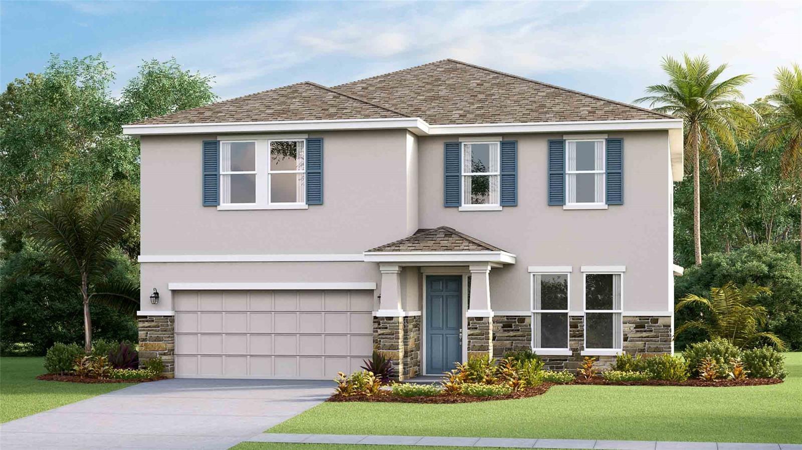 Under Construction. Receive up to $25,000 towards closing cost and special interest rates with our preferred lender NOW until August 31st.
This two-story, all concrete block constructed home has a large open concept first floor with a kitchen overlooking the great room, dining area, and a covered lanai. A flex room at the entrance of the home, as well as a spacious guest bedroom and full bathroom, complete the first floor. Upstairs, Bedroom 1 with ensuite bathroom, three additional bedrooms, a third full bathroom, and a well-appointed laundry room surround a large bonus living room. This home comes with an installed stainless-steel dishwasher, electric range, and microwave. Pictures, photographs, colors, features, and sizes are for illustration purposes only and will vary from the homes as built. Home and community information including pricing, included features, terms, availability, and amenities are subject to change and prior sale at any time without notice or obligation.