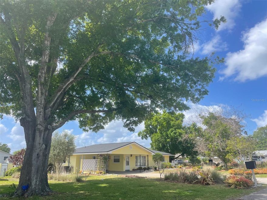 I am excited to share details regarding a new property listing in the charming town of Lake Alfred. This solid brick home with plaster walls is situated on a 1/4 acre corner lot with no HOA, providing plenty of room for a boat or RV.  Key features of the home include:
- Layout: 3 bedrooms (split plan) and 2 full bathrooms.
- Living Space: Large L-shaped living and dining room with French doors leading to a glass-enclosed, year-round porch with ac.
- Interior Details: Vinyl plank & tile floors, paddle fans, and a large kitchen with ample cabinet space and a breakfast bar.
- Amenities: Washer/dryer closet, a double carport with storage, and a detached workshop.
- Updates: New HVAC system, a roof that is only 4-5 years old, and a sprinkler system.
_- Outdoor Space: Fenced yard and a beautifully landscaped garden with various plants including a 30 ft Orchid tree.  If you love landscaping this is your home! 
This home could use a little TLC.  Paint and carpet for the bedrooms.
Located close to downtown, Lake Alfred offers a scenic, small-town atmosphere with a population under 10,000 and a lower cost of living. The property is a short walk from Central Park, bike trails, softball and football fields, basketball courts, and a new playground.