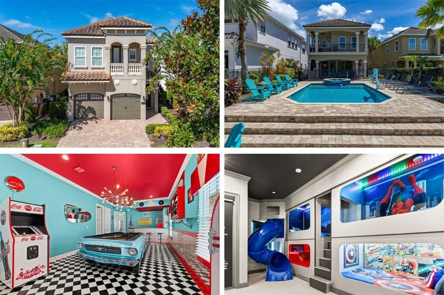 Imagine owning a home that’s not only a dream getaway but also a proven income generator. This stunning 5-bedroom, 5.5-bath pool home sits on an oversized, southwest-facing lot with sweeping views of the Jack Nicklaus golf course, and it comes with a transferable Reunion Resort golf membership. Already a thriving short-term rental with future bookings in place, you can start earning from day one.

Inside, the open-concept kitchen, dining, and living spaces have been beautifully updated, blending modern comfort with a welcoming, family-friendly atmosphere. There’s even a cozy office nook for work or quiet time. Step outside to your private paradise, an expansive pool with hot tub, a summer kitchen for effortless outdoor dining, and a covered lanai that invites you to linger over evening sunsets. The oversized lot also features a fire pit overlooking the fairway, with room to expand your outdoor fun.

This home is designed for unforgettable moments. On the first floor, the fully converted garage offers a luxury theater experience with reclining seats and a high-top bar. Upstairs, the retro loft steals the show with its custom 1967 Mustang slate pool table. Every bedroom in this home enjoys its own ensuite bathroom, including a first-floor London-inspired king suite, an upstairs master with balcony golf views, a Frozen-themed bunk room, a Marvel-themed bunk room with front balcony, and a space-themed king room that’s a hit with teens and adults alike.

Reunion Resort delivers endless amenities: three signature golf courses, a water park with lazy river, mini golf, tennis, fitness center, and multiple restaurants, all just 7 miles from Disney and world-class shopping.

Whether you’re searching for a investment, a luxurious vacation retreat, or both, this property offers the complete package. Call today to schedule your private tour, opportunities like this don’t last long.