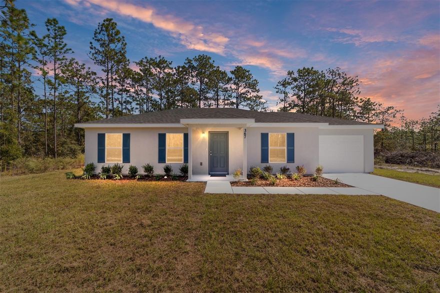This split plan is open, light & bright.  From the moment you walk through the front door you will feel  the openness with the cathedral ceiling in the foyer, living room, and dining room!  The kitchen comes complete with new stainless steel range, microwave, and dishwasher with ample counter space and cabinetry!  A spacious pantry is conveniently located near the kitchen. Enjoy the morning cup of coffee at the breakfast bar or on the back patio.  Do laundry with ease in the air-conditioned laundry room.  This home rests on just under a 1/4 acre lot ~ enough room for the family & pets to play, but not too much yard work.  The community center hosts regular activities and has outdoor pavilions available for event rentals.  Amenities include basketball courts, tennis courts, pickleball courts, playgrounds, and a boat ramp and dock!  All this with no HOA!  The home is conveniently located to an abundance of outdoor recreational activities!  It is just a short drive to the Withlacoochee or Rainbow Springs State Park for swimming, canoeing, tubing., fishing, boating, camping, and hiking the nature trails just to name a few! The World Equestrian Center is just minutes away. Builder is including a 1 year full warranty and a 2-10 home warranty!   Any dimensions listed are approximate.  Photos/Virtual Tour are to show interior and exterior colors and finishes and may or may not be of this actual listing.  Garage orientation and floor plan may vary for actual home.  BUILDER WILL PAY UP TO $4000.00 TOWARDS BUYERS CLOSING COSTS WITH FULL PRICE OFFER!