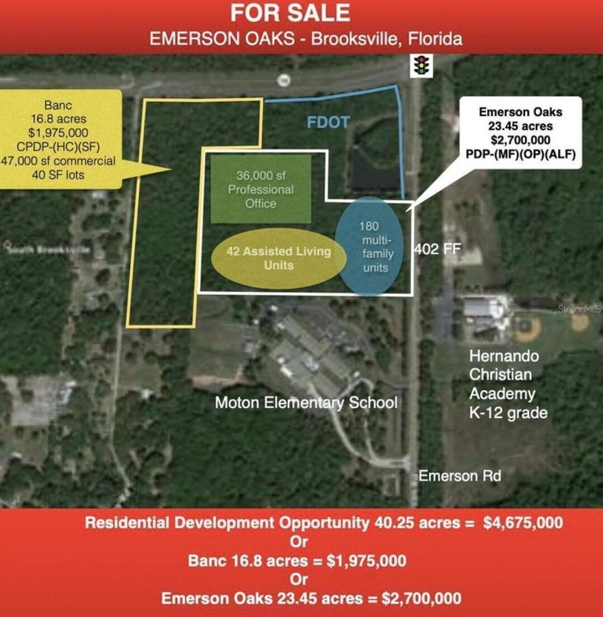 ''Emerson Oaks'' mixed use development opportunity. Multi family, assisted living, & office professional approved land with all utilities, centrally located in Hernando County. Beautiful hard wood oak setting is close to schools, shopping, medical care, and historic downtown Brooksville!!