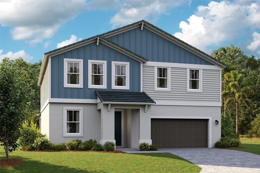 Under Construction. Welcome to the Lido, an expansive two-story home with 5 bedrooms, 3.5 bathrooms, and a tandem 3-car garage. The impressive design begins with a bold elevation and professionally designed landscaping that elevates the curb appeal. Step into the foyer and easily access a flex room, perfect for a home office or gym. The extended foyer opens to the designer kitchen, featuring 42” upper cabinets, stunning quartz countertops and new stainless-steel appliances, all overlooking the spacious main living area with luxury vinyl plank flooring. Easily transition to the outdoors through the sliding glass doors and enjoy meals or unwinding on the lanai. Rounding out the first floor is a private bedroom and bathroom, ideal for guests. Upstairs, retreat to the thoughtfully designed owner’s suite, complete with double vanity, a freestanding tub, a semi-frameless walk-in shower with floor to ceiling tile, and an oversized walk-in closet. The second floor also houses three additional bedrooms, a full bathroom, a convenient laundry room, and a versatile recreation space. You’ll find the ultimate blend of luxury and functionality in the Lido. 
Find the perfect balance of serene landscapes and modern amenities at Mirada. Homeowners at Mirada enjoy the beach lifestyle in Pasco County with a 15-acre man-made lagoon for swimming, kayaking, paddle boarding, and relaxing. Golf cart paths and spacious sidewalks invite residents to explore opportunities for outdoor recreation, including parks, playgrounds, and nature trails. Stay close to what’s important at Mirada, ideally located 30 minutes from Downtown Tampa and just minutes from Publix. From high-speed action—including super-fast ULTRAFi Wifi--to leisurely strolling or floating, at Mirada you can live life to the fullest. 
Images shown are for illustrative purposes only and may differ from actual home. Completion date subject to change.