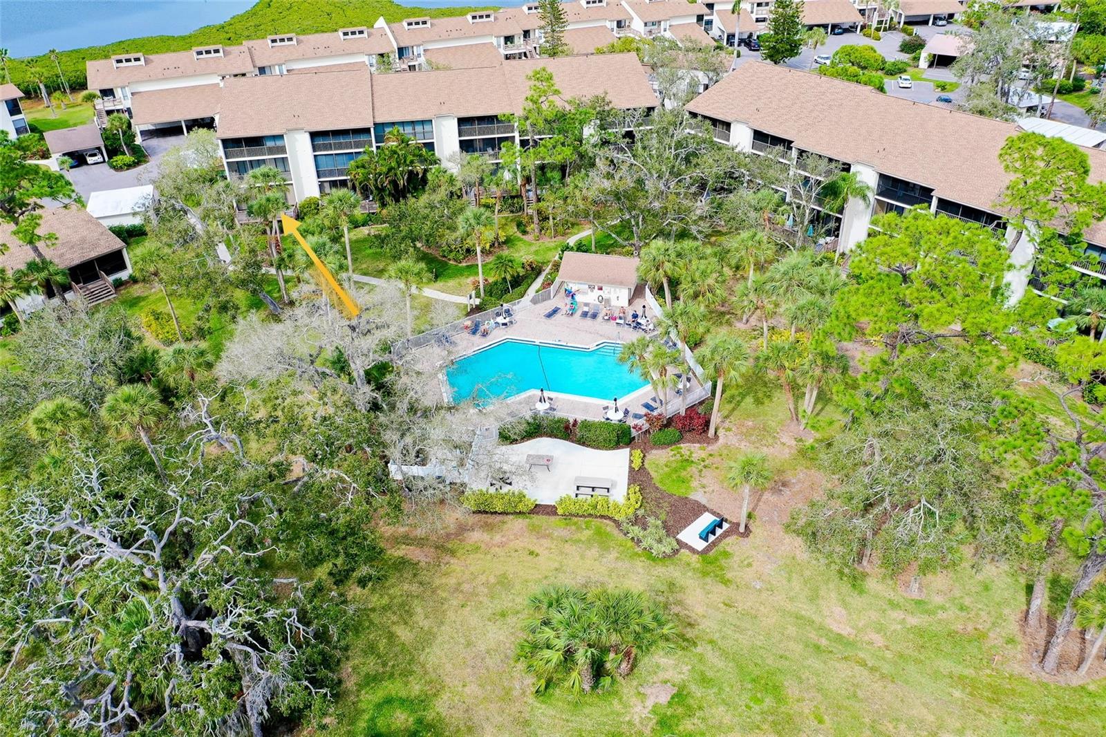 BEAUTIFUL UPDATED FIRST FLOOR CONDO Spacious 2 bedrooms, 2 bathrooms nestled within Bird Bay Village offers a serene view steps away from the community pool. The bright and airy 2020 updated kitchen boasts stainless appliances with a colorful Corian countertop and built-in desk. The living space offers a cozy retreat of relaxation or entertaining with an Open Floor Plan dining room, living room combo with beautiful hardwood floors. Enjoy the lanai overlooking the mature landscape with all the sunlight pouring in through the sliders. The newly carpeted primary bedroom is equipped with a walk-in closet in addition to an ensuite with walk-in tiled shower, updated vanity and sink. Your guest will enjoy the guestroom complete with a Murphy bed and built in desk. The second bathroom has been updated with new vanity and sink. Enjoy your coffee in the sunny Florida Room with lots of sunlight. Added features include 2020 installed Hurricane windows and electric shades throughout the condo. Sliding doors leading to an outside deck surrounded by greenery make it a perfect retreat. The AC was replaced in 2020. Outside, residents can enjoy various amenities for outdoor living, from swimming in the pool to playing pickleball. The convenient location to the Island of Venice only 2 minutes away is a perfect blend of comfort and leisure in a charming setting. Adjacent to Bird Bay Village is the Legacy Trial, a dedicated bike path that extends all the way to Sarasota. Bird Bay also features a state- of- the -art fitness center, library and clubhouse. Enjoy the tennis courts and swimming pool, shuffleboard and bocce courts. No need to ever leave the property! Come for a visit, stay for a lifetime.