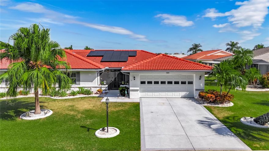 Under contract-accepting backup offers. This stunning home in the sought-after 55+ Sun City Center Community is looking for a new owner. If you are a decerning buyer, you won't be disappointed. Tile roof-2021, brand new AC and water heater - 2025, newer touchless faucet 2023, solar installed 2024 giving me $12 monthly bills.  The 33x15 ft lanai created in 2023, gives you privacy and great, tranquil views. There are ceiling fans throughout, and laminated wood floors. Ceramic tiles are installed in the wet areas. The kitchen is everyone's dream, featuring beautiful wood cabinets and granite countertops, with an eating bar where guests gather to chat with the chef! Updated bathrooms, with a special tub to shower conversion can be returned to a bath whenever you want. Newly painted inside, it is spotlessly clean, light, and bright with a cut-glass front door and two newer Solatubes in the living room in 2023. Plantation shutters throughout. Mature landscaping adds to the home’s charm and privacy, with .18 acres of space surrounding it. The location is prime, just across from the sports and entertainment center, which offers exciting events, and sports activities like tennis, pickleball, basketball, softball, Bocce, volleyball, archery, horseshoes, cornhole, as well as walking trails for those who like to exercise in nature. At the other campus, there is also a pool complex, hot tubs, a gym and over one hundred clubs to entertain you. Furniture and accessories are available separately. Agent owned. Owner is moving out of the country.