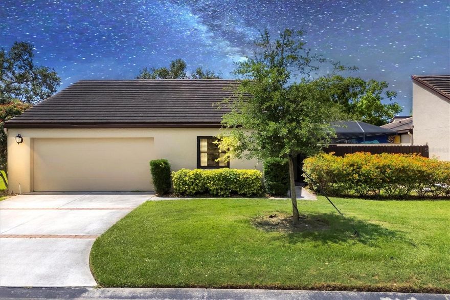 Welcome to GLEN OAKS MANOR...A boutique enclave of large Courtyard Pool Villas occupying dedicated space INSIDE it's OWN PARK designed as a canopy tree neighborhood complete with lakes, paths, gazebos, park benches a beautiful variety of trees and plants AND it is a dog friendly neighborhood.  THIS UNIT IS RENTED OUT UNTIL the end of 2026 @ $2,500/month. This is an END and CORNER unit that is practically free-standing affording 8 more windows than an interior unit. Be one with nature in your large 33x24 VERY PRIVATE screened courtyard with your own VERY PRIVATE POOL. While this is a villa, it is NOT a condo and has a home owner's Association. Opposite the courtyard is an added bonus...an atrium with water and electric in place...great for an orchid garden, fountain, kitty corral, aviary and it is a great space that brightens the home up!  This is a SPLIT FLOOR PLAN with the bedrooms at opposite ends of the home. As another bonus, there is a staircase to a storage room in the attic!  The garage door had new rack/rollers, infrastructure and opener have just been updated and the door is hurricane wind rated.  The HVAC is only 2 years old.  This home is sold furnished as a convenience to the seller and it obviously captures the "70's theme" as it was an air BNB rental. Price reduced to $448,900