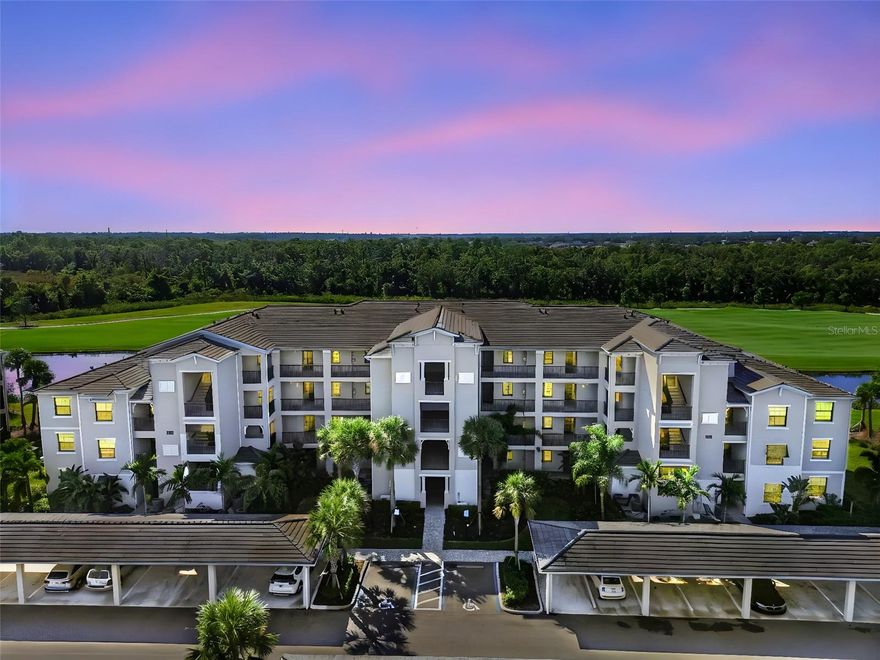 Fully furnished, turn-key, and meticulously maintained — just bring your golf clubs and bathing suits! This 3-bedroom, 2-bath condominium perfectly captures the spirit of Florida’s modern coastal lifestyle. Thoughtfully decorated in a coastal-inspired style, every detail has been selected to create a home that feels relaxed, refined, and unmistakably inviting. Step inside and you’re immediately greeted by soft coastal hues, natural light, and open spaces that flow together effortlessly. Perched on the second floor, with easy access by elevator or stairs, the condo offers a split floor plan designed for both comfort and privacy. The kitchen, with its quartz countertops, stainless-steel appliances, and ample cabinetry, blends seamlessly into the dining and living areas — a space that feels as perfect for a quiet morning as it does for hosting friends. Through a sliding glass door, the private screened lanai invites you to slow down and take in the view. From here, the golf course and lake stretch out before you — a tranquil backdrop for morning coffee or evening sunsets. Watch as golf carts make their way along the 15th hole of the Piper Course, the golden light reflecting across the water, a daily reminder of the easy pace and beauty of life at Lakewood National. The primary suite, set apart from the guest bedrooms for added privacy, continues that same sense of calm with lake and fairway views, an en suite bath with quartz countertops, and thoughtful finishes that elevate the space. On the opposite side of the home, two additional bedrooms share a well-appointed guest bathroom, also featuring quartz countertops and coastal-inspired touches. The laundry room is conveniently located nearby — tucked neatly out of sight yet easy to access. Additional conveniences include a covered parking space, ample guest parking, and a private storage room just outside the front door. Life at Lakewood National Golf Club offers the best of resort-style living right at your doorstep. As a resident of The Terrace, you’ll enjoy your own private pool, along with full access to all of Lakewood National’s world-class amenities. Tee off on two Arnold Palmer–designed championship golf courses, unwind at the tropical pool and tiki bar, or spend time at the grand clubhouse, Har-Tru tennis and pickleball courts, bocce courts, and 24-hour fitness center with on-site trainers and classes. A full golf membership is included, along with water, cable TV, lawn maintenance, and access to all amenities within this gated, professionally managed community with 24-hour security. Beyond the gates, the allure of Lakewood Ranch awaits — a place where leisure and lifestyle come together effortlessly. Spend your mornings exploring Waterside Place’s lakeside cafés, browse the boutiques of Main Street, or unwind at one of the area’s many outdoor events and markets. Just a short drive from Downtown Sarasota, white-sand beaches, and University Town Center, this home places you at the heart of everything that defines Florida’s Gulf Coast — vibrant days, golden sunsets, and a life well lived.