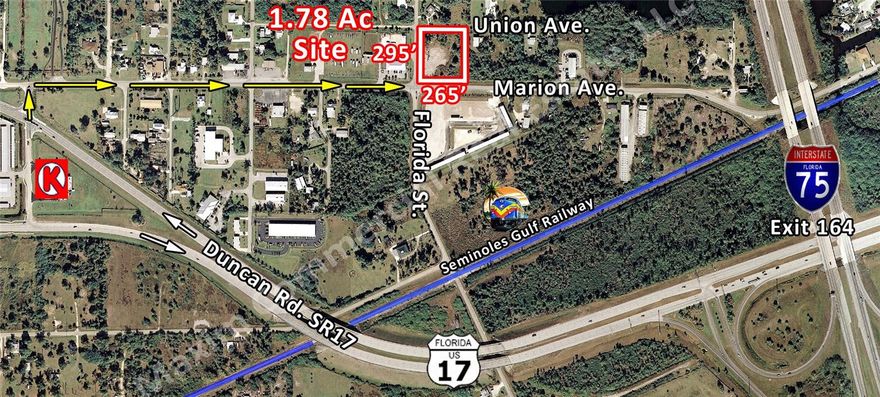 1.78-acre commercial land parcel located at 25454 Marion Ave. in Punta Gorda, Florida. This Commercial General (CG) zoned property measures 265' x 295' and offers excellent development potential. Conveniently located near I-75 Exit 164, providing easy access . The property is positioned in a growing area with strong demographics and is suitable for various commercial development opportunities.