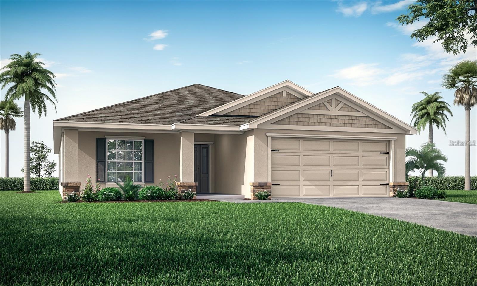 Under Construction. New construction home with 1819 square feet on one-story including 4 bedrooms, 2 baths, and an open living area. Enjoy an open kitchen with granite countertops, Samsung stainless steel appliances, a walk-in pantry, and a spacious counter height island, fully open to the dining café and gathering room. The living area, laundry room, and baths include luxury wood vinyl plank flooring, with stain-resistant carpet in the bedrooms. Your owner's suite is complete with a walk-in wardrobe and a private en-suite bath with dual vanities, a tiled shower, and a closeted toilet. Plus, enjoy a covered lanai, 2-car garage, custom-fit window blinds, architectural shingles, energy-efficient insulation and windows, and a full builder warranty. "Please note, virtual tour/photos showcases the home layout; colors and design options in actual home for sale may differ. Furnishings and décor do not convey