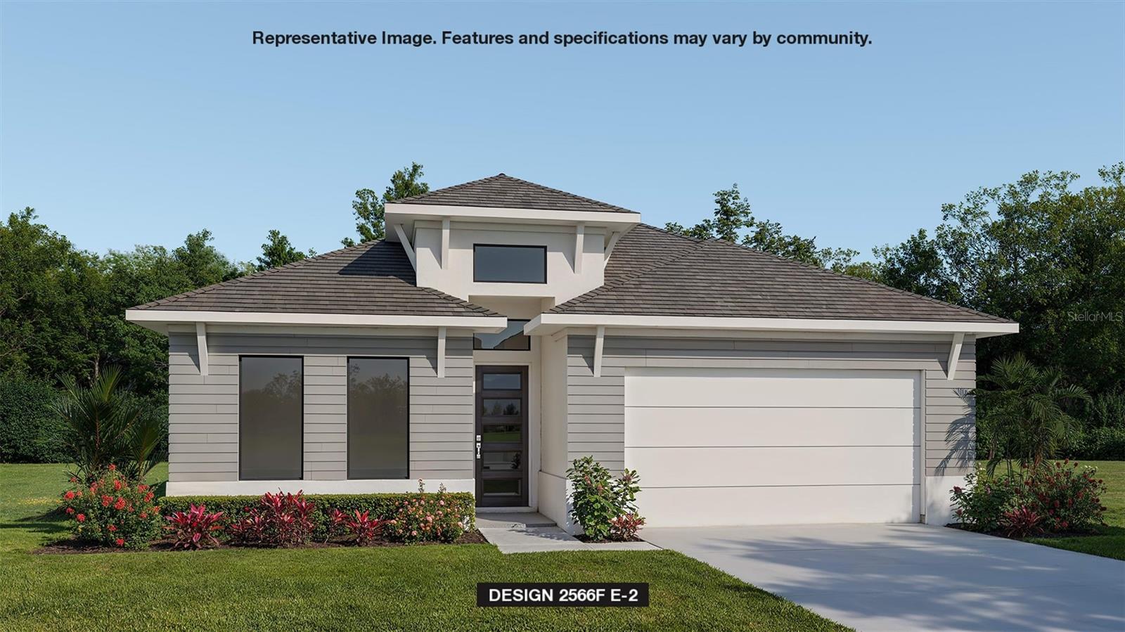 Under Construction. The front porch opens into a welcoming entryway with an extended tray ceiling that embraces the main hallway. A bonus flex room overlooks the front yard right off the front door. A full guest suite with a private bathroom and ample closet space is off the main hallway. The kitchen features an island with built-in seating and walk-in pantry. The dining area flows from the kitchen to the connecting family room which offers plenty of natural light from its wall of windows and access to the backyard covered lanai. The primary bedroom has a wall of windows overlooking the backyard. Double doors lead into the bathroom which hosts dual vanities, a freestanding tub, glass enclosed shower, two walk-in closets and dual access to the laundry room. Two secondary bedrooms with a shared bathroom complete the home along with ample storage space throughout. The drop zone is located off the two-car garage.