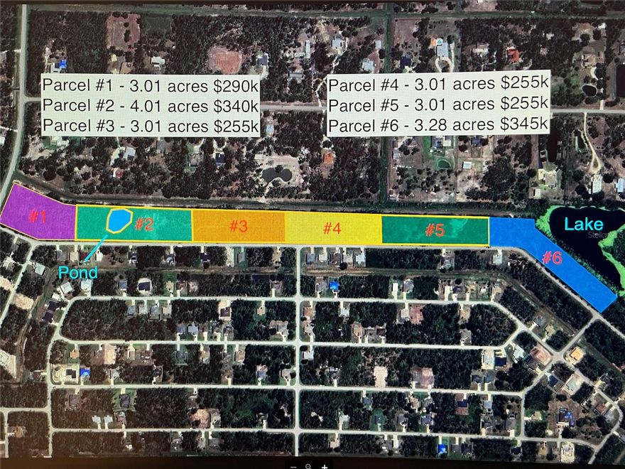 THIS PROPERTY CAN BE SUBDIVIDED! Additional PARCELS AVAILABLE FOR ADDITIONAL PRICE( REFER TO THE PICTURE).
LAKEVIEW!Rare opportunity to own 19.64 acres in North Port Charlotte Estates!Build your dream home and take advantage of the beautiful surroundings this neighborhood offers.  Located behind the east side of the property is a lake.The new survey shows how the land can be divided. The seller is willing to divide. The property can be subdivided into PARCEL #1 3.01 acres, PARCEL #2 4.01 acres with 0.64 acres of wetlands(potentially converted to the pond refer to picture), PARCEL #3  3.01 acres, PARCEL #4  3.01 acres,  PARCEL #5 3.01 acres, and PARCEL #6  3.28 acres on the lake! This property is zoned agricultural. Build your dream home and take advantage of the beautiful surroundings this neighborhood offers. Located near I-75 and shopping centers,. Surveys available!This land opportunity has so much potential! Located near I-75 and shopping centers,. THIS BEAUTIFUL PIECE OF PROPERTY IS PERFECT FOR AN ESTATE RESIDENCE AND/OR A DEVELOPER, WITH THE POTIENTIAL TO DEVELOP NEARLY 20 ACRES IN THE CITY OF NORTH PORT, THAT IS CURRENTLY ZONED AGRICULTURAL.  Endless Development Opportunity! MUST SEE!