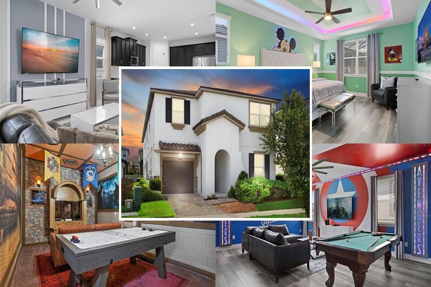 Experience the perfect blend of luxury, entertainment, and resort living in this stunning 7-bedroom, 6.5-bath vacation home in Solara Resort, located less than 10 miles from Disney World. Designed for unforgettable family vacations and excellent short-term rental potential, this fully furnished home features incredible themed bedrooms inspired by Jurassic Park, Harry Potter, Avengers, Moana, and Disney, creating a one-of-a-kind guest experience.

The spacious open-concept layout offers stylish modern finishes, multiple gathering spaces, and custom entertainment rooms perfect for large families and groups. Step outside to your private screened pool and spa, ideal for relaxing after a day at the parks.

As part of Solara Resort, guests enjoy access to world-class amenities including a resort-style heated pool, FlowRider surf simulator, splash pad, water slides, fitness center, basketball and volleyball courts, restaurant and bar, coffee bar, ice cream parlor, and a beautifully designed clubhouse. Whether you’re searching for a luxury vacation retreat or a high-performing investment property, this home delivers the ultimate Central Florida resort lifestyle.