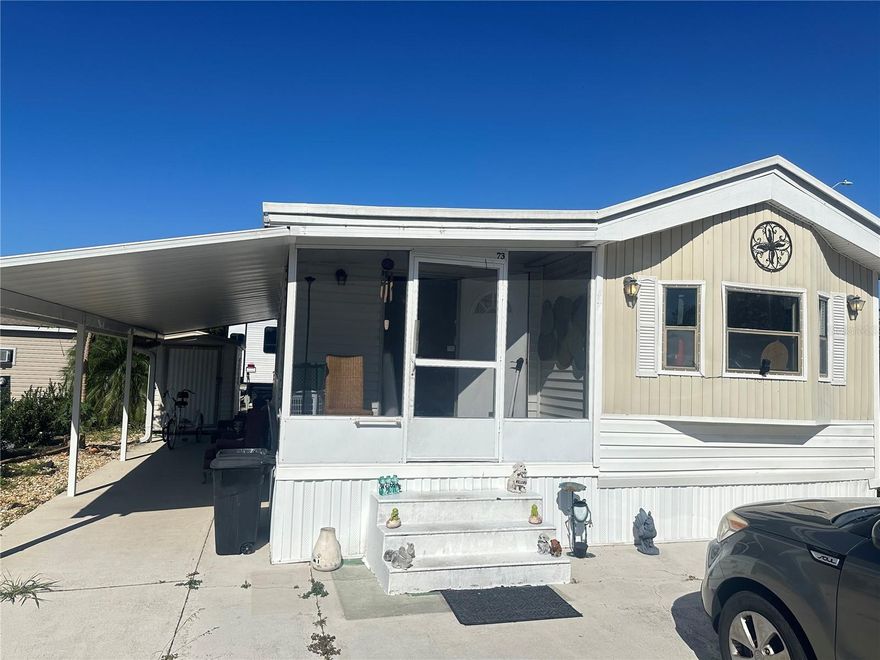 Perfect Property in Sun Air North! Discover this charming, 2-bedroom, 1.5-bathroom "park model" home in the sought-after all-ages community of Sun Air North, where you own the land and pay no monthly rent. The original 396-square-foot home was enhanced with an attractive addition, resulting in a comfortable home of approximately 693 square feet. Enjoy vaulted ceilings, an open kitchen and dining area, a spacious family room, and a master bedroom with built-in closets, plus a convenient washer/dryer in the additional half-bath. Outside, the property offers a covered porch, a golf cart area, and storage. Move-in ready and perfect for year-round living or as a seasonal retreat! Plus, it's conveniently located near excellent golf courses and fishing spots.