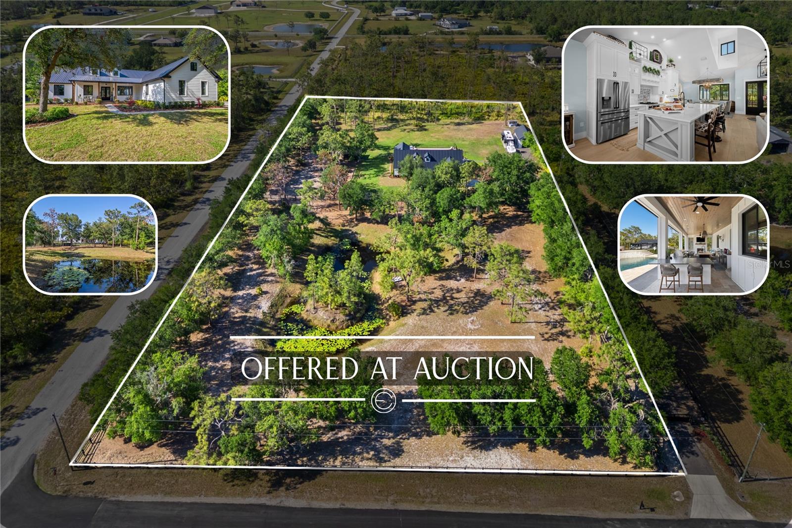 Auction Property. LUXURY REAL ESTATE AUCTION on-site on Tuesday, July 22, 2025, at 11:00 AM. Previews begin on Saturday, June 28th, and will run every Saturday and Sunday (other than July 5th and 6th) from 1:00 to 4:00 p.m. until the auction. Private appointments are available; please call for details.
Open House Dates:
Sat, June 28th
Sun, June 29th
Sat, July 12th
Sun, July 13th
Sat, July 20th
Sun, July 21st
Truly One of a Kind – Modern Farmhouse on nearly 5 Acres!
Offered Furnished if Desired | No HOA | Special Financing Available
Step into a stunning, fully renovated 4-bedroom estate situated on nearly 5 lush acres — the perfect blend of modern luxury and timeless farmhouse charm. Every detail has been thoughtfully designed with high-end finishes, smart upgrades, and resort-style outdoor living.
Recent Upgrades & Highlights (2024 and 2025):
Exterior Improvements:
Brand new black metal roof
New hurricane-rated doors, garage door, and windows
Full Hardie board exterior, black half-round gutters, and soffits/fascia
New paved driveway and landscaping with irrigation
Fully fenced & cross-fenced property with new stalls, gates, and electric to the pond for a fountain
Garage & Workshop:
Split A/C unit in garage
Custom garage cabinetry
Detached garage with barn doors
50 Amp & 30 Amp RV hook-ups
Interior Features:
Full interior remodel including:
ZLINE appliances
Rare 12x9 wide plank hardwood floors
8-inch baseboards
Ceramic tile in bathrooms
New plumbing fixtures, custom closets, and a hideaway pantry
Whole-house Aroma360 system and recessed lighting throughout
Brick wood-burning fireplace in the living room
New tankless gas water heater
Office & Porch:
Custom cabinetry in the office
New Trex front porch decking with swing
Synergy tongue & groove ceiling
Outdoor Oasis:
Complete Outdoor Kitchen featuring:
Blaze grill, flat-top, gas burner, wine fridge, 2-drawer fridge, ice maker, keg tap, meat ager
Leather granite island w/ wood block countertop & farmhouse sink
Marine-grade cabinets, bricked gas fireplace, fans, lighting & charging stations
Enclosed Lanai with 4 remote-controlled SPF drop-down screens
Resurfaced pool & spa with new pebble coping, salt cell, and LED lighting
New outdoor shower and garden area with irrigation
Additional Property Features:
500-gallon owned propane tank powering stove, hot water heater, and outdoor kitchen
Full house water filtration system with separate alkaline drinking filter
Solar-powered entry gates (front and side)
Landscape lighting throughout
This home is the definition of luxury meets functionality — ideal for those seeking space, privacy, and elevated country living. Preferred lender offering special financing terms.
Contact us today to schedule your private tour!
