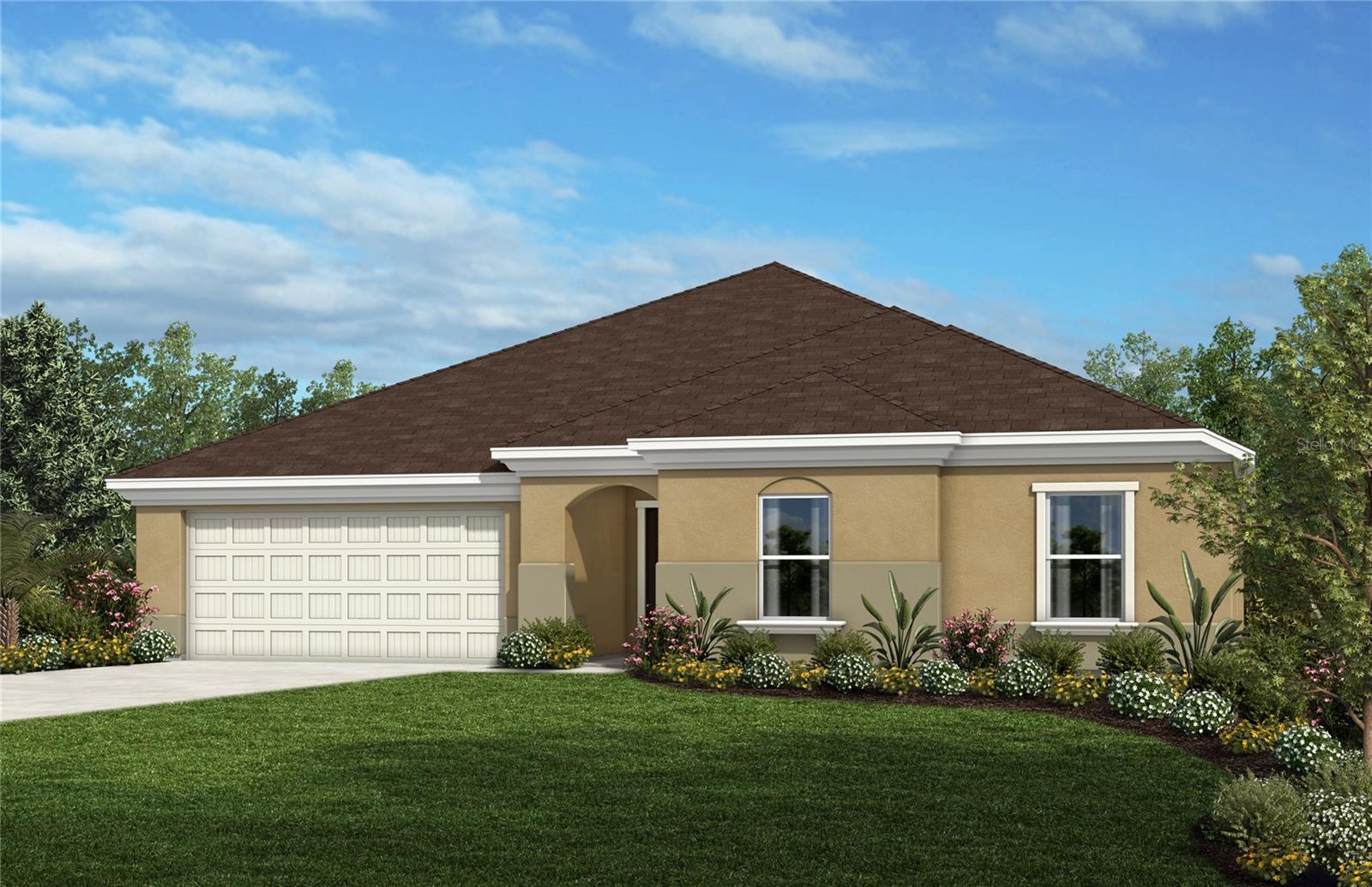 This beautiful single-story model home welcomes you from the moment you walk through the front door. As you make your way down the entryway you will be greeted by the expansive great room and kitchen all featuring vinyl plank flooring and 9-ft. ceilings. Leading out from the great room is an extended covered patio perfect for hosting friends and family! The kitchen includes an at-eat island, stainless steel Whirlpool® appliances, 42-in. upper cabinets with crown molding, and quartz countertops. This floorplan offers three secondary bedrooms each with ample closet space of their own. Located next to the great room is the primary bedroom with a connecting bath, an extended dual sink vanity, a linen closet, and a garden tub. Community offers no CDD, and lawn maintenance is included.