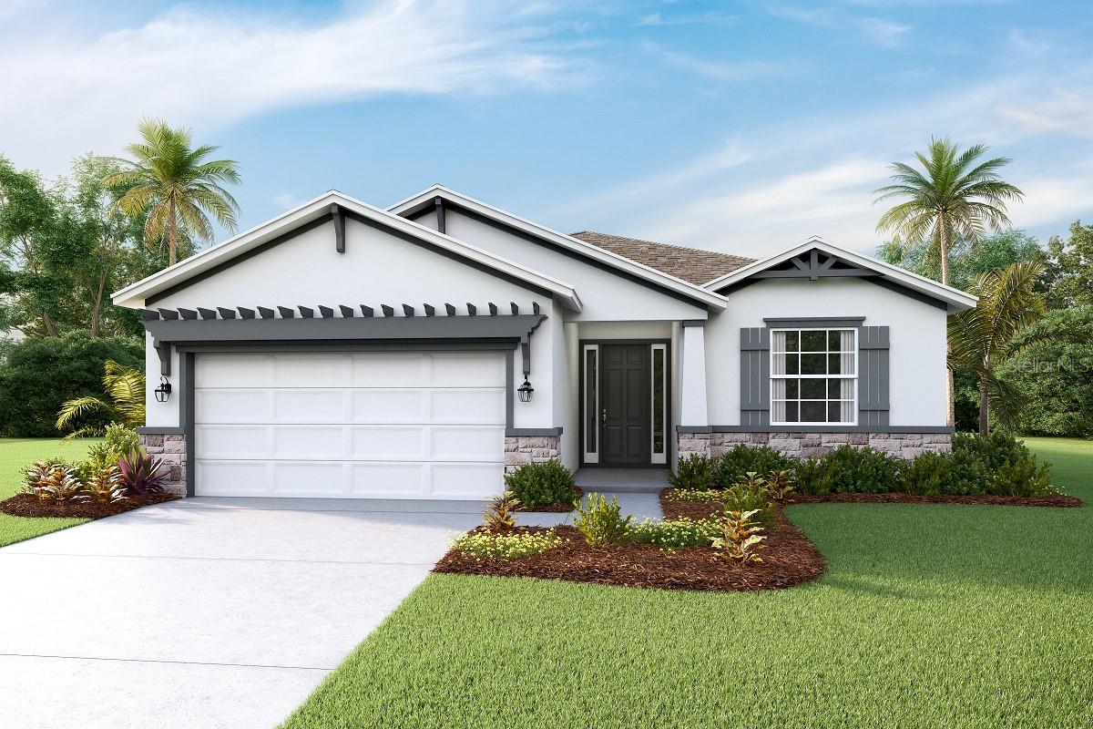 One or more photo(s) has been virtually staged. Under Construction. This one-story, all concrete block constructed home has a truly open concept plan, featuring a spacious kitchen with large kitchen island that overlooks a large dining area, great room, and breakfast nook which flow out onto a covered lanai. The Bedroom 1 which includes Bathroom 1, is located at the back of the home for optimum privacy. Two bedrooms at the front of the home share a second full bath. The laundry room off the garage acts as a perfect mud room upon entry into the kitchen. This home comes with stainless-steel dishwasher, range, and microwave. Pictures, photographs, colors, features, and sizes are for illustration purposes only and will vary from the homes as built. Home and community information including pricing, included features, terms, availability and amenities are subject to change and prior sale at any time without notice or obligation. CRC057592.