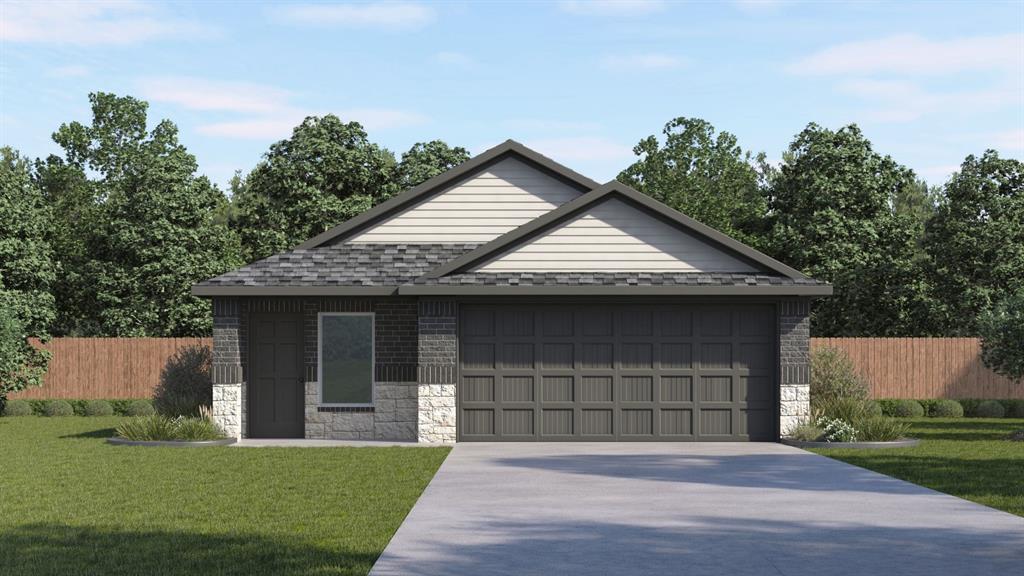 Contemporary exterior featuring dark brick and stone accents