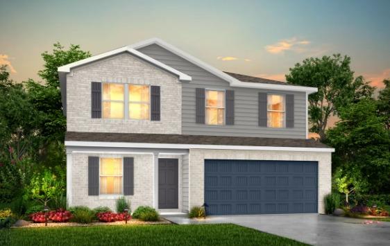 View of front of home with concrete driveway, brick siding, an attached garage, and a yard