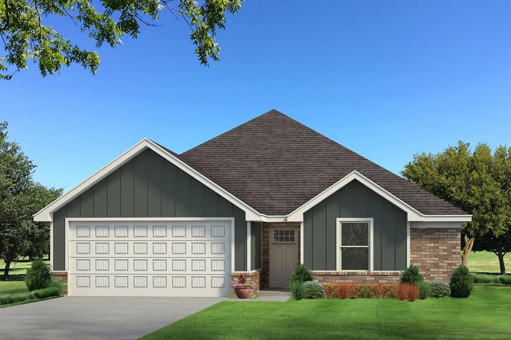 Ranch-style house with board and batten siding, concrete driveway, a garage, a front lawn, and a shingled roof
