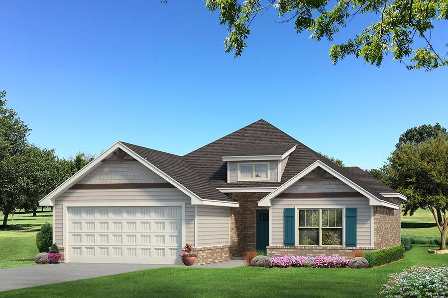 View of front of house with a front lawn, a garage, concrete driveway, and brick siding