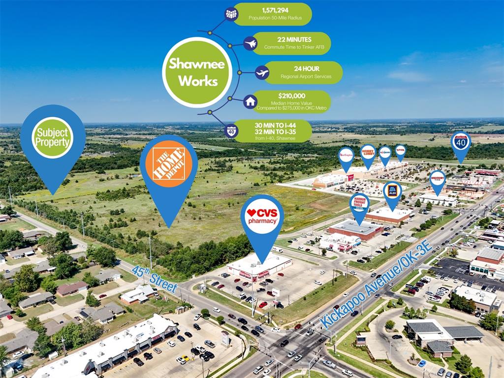 Aerial view from Kickapoo and 45th St intersection northwest with points of interest
