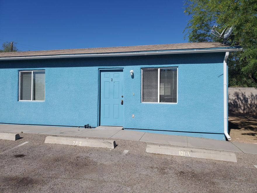 Charming, Southwest style 2 bedroom, 1 bath duplex.  Stained and scored colored concrete floors through-out. Kitchen features stained colored concrete counter tops with newer cabinets. Private covered patio. Washer and dryer hook-ups. Central AC to keep you cool and comfortable in the summer! Convenient to U of A, Pima CC
and Downtown.