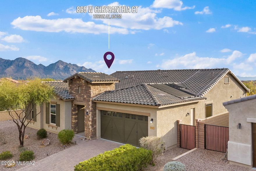 Location is key and this 2600+ sf single story Tuscan style home in a prime gated Oro Valley neighborhood checks all the boxes! Large corner lot is plenty of space for the family and supersized pool and hot tub in the backyard, as well as gardening beds and putting practice! Newer home offers a flowing floorplan including large great room with rustic gas fireplace off kitchen; high ceilings; spacious dining area; huge island with sink; 3 bedrooms and 3.5 bathrooms PLUS a den for easy living! And bedroom #3 has its own ensuitel Tandem 3 car garage adds additional storage, and fully owned solar means low utility bills year round. Neutral finishes allow you to easily make this home your own! Outstanding community amenities are an added bonus, and enjoy an easy commute to everything you need!