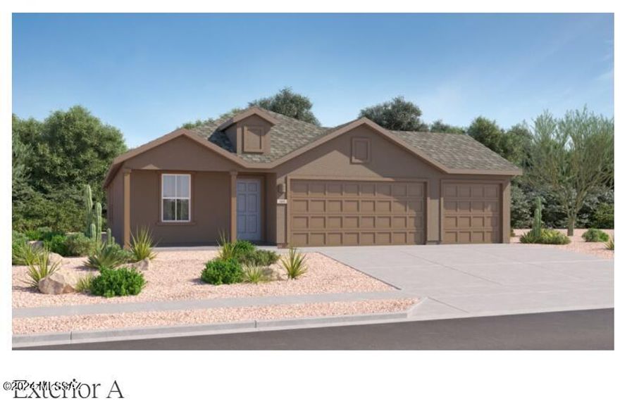This new single-story home features a modern layout with room to grow. An inviting open-concept floorplan consisting of the kitchen, living and dining areas is surrounded by four spacious bedrooms. The restful owner's suite is tucked into a private rear corner, complete with an en-suite bathroom and walk-in closet. A three-bay garage completes the home. This home includes GE® stainless steal appliances, Rinnai Tankless Water Heater, Granite Countertops, Taexx® built-in pest control system, 2'' faux wood blinds, LED lighting and so much more!