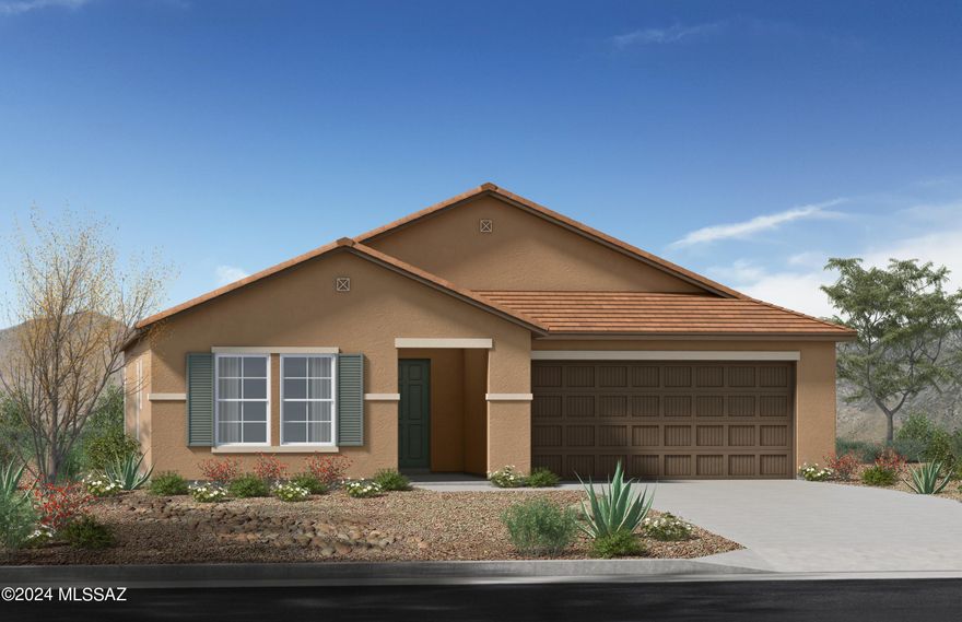 Set on a quiet cul-de-sac, this single-story home features 9-ft. ceilings, soft water loop, and ceramic tile flooring throughout. The spacious great room leads to a covered back patio. The modern kitchen showcases white 42'' upper cabinets, an island, pantry, and Whirlpool® stainless steel appliances. The relaxing primary suite boasts a large walk-in closet, shower, linen closet, and dual-sink vanity. The laundry room includes a Whirlpool® washer and electric dryer. Price includes discount predicated on using seller's preferred lender KBHS. Eligible for up to 6% towards rate buy down or closing costs. Must use seller's preferred lender KBHS for financing. Projected closing month is September 2024.