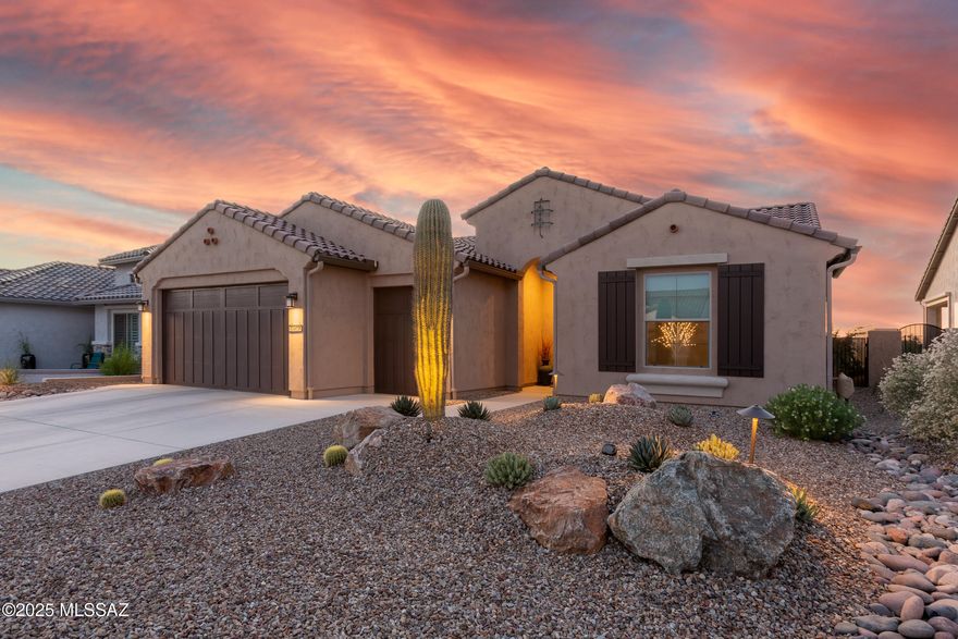 A very well-kept and nicely appointed expanded 1568 sq. ft. Hermosa Model home with the Optional Golf Cart Garage, and Optional Expanded Laundry Room was completed in March of 2021 when the current owners moved in. This home is the perfect size for a couple to live here in SaddleBrooke Ranch + have quests stay with them as this home encompasses the following: 2-Bedrooms, 2-Bathrooms; Great Room; Dining Area; Large Kitchen Island; Generous Walk-In Closet & 42 X 60 Shower w/ Built-In Seat in Master En-Suite; Owners Entry Valet w/Storage Cabinets; Separate Expanded Laundry Room w/plenty of storage cabinets; 140 Sq Ft. Covered Outdoor Living Space; Deep 2-Car Garage w/Optional Golf Cart Garage; 9 & 10 Ceiling throughout the Home. This home has incredible landscaping in both front and back yards and backs up to the desert with unimpeded views towards the North-West for some incredible sunsets. Extras include Snake Fencing on back and side walls, 5-Tucson Rolling Shades on back covered patio, and state-of-the-art GE Soft Water System.