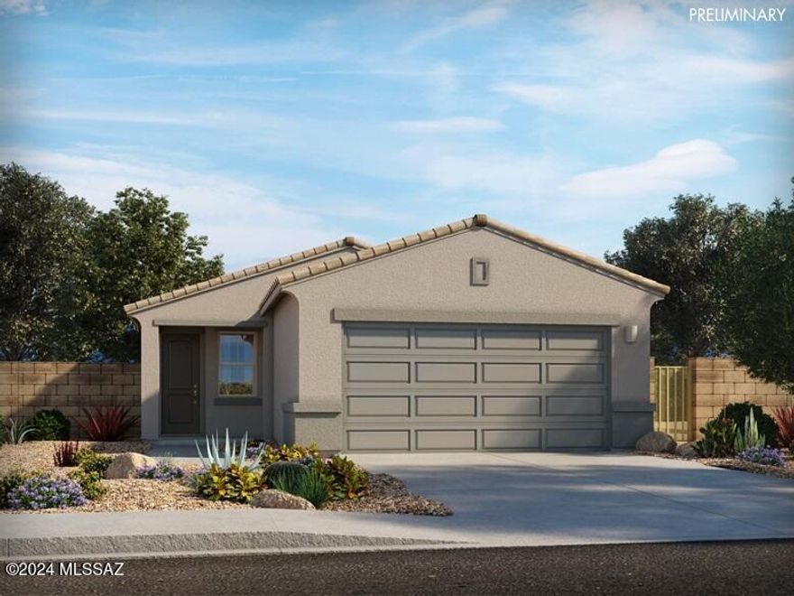 Brand new, energy-efficient home available by Sep 2024! Distinct Package - 42'' White/Linen Kitchen Cabinets, 12X24 Avery Grey Staggered Ceramic Tile, Dal Mythology Pickett Carpet, Hymalaya White Granite Kitchen Countertop, Dal Mythology Pickett Kitchen Backsplash, Ceiling Fan & Phone/TV outlets in all living spaces, laundry cabinets above Washer/Dryer, Lighting Package which includes 2 pendants above kitchen island and dining light, Refrigerator, Washer & Dryer and 2'' Blinds. This family-friendly community is located within the highly sought-after Marana Unified School district. Each of our homes is built with innovative,
energy-efficient features designed to help you enjoy more savings, better health, real comfort and peace of mind.