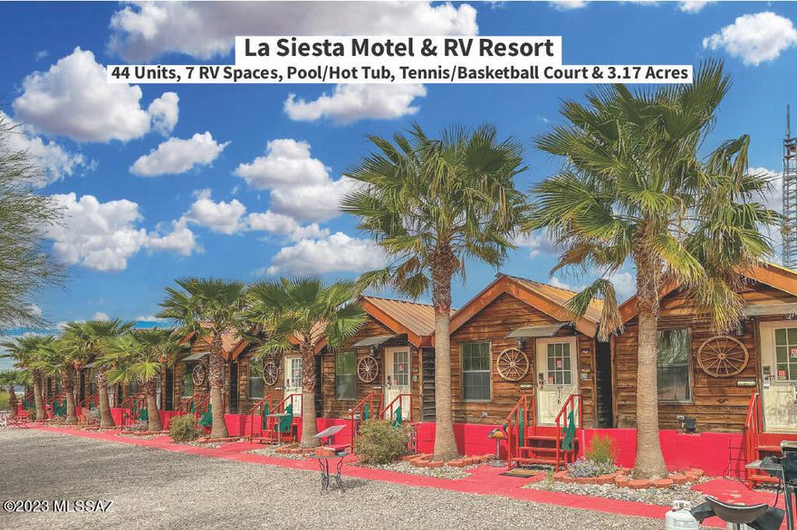 La Siesta Motel & RV Resort in Ajo, AZ. 44 units & 7 rv spaces. 100% occupancy since 2019. 7 rv spaces for
additional revenue. 2022 Revenue was $1,629,123. 3 Unit Types: 19 Small Cabins (200 SF), 14 Super Cabins (325-395 SF), & 11 Rooms (330 SF). Each unit is equipped w/ small kitchenettes, fridge, microwave, wifi, AC, coffee maker, & 65 inch TV. 3.17 acre lot w/ heated & cooled pool/spa, basketball/tennis court, 25 barbecues, 7 gazebos, picnic tables, lush mature landscaping, 3BD/2BA mngr house & a 2 BD/2BA apt/office. 7 rv spaces include full hookups. Located in the historic town of Ajo, Arizona, known for its beautiful desert landscapes & rich mining history. Conveniently situated near Ajo Historical Museum, Cabeza Prieta National Wildlife Refuge, & Organ Pipe Cactus National Monument. La Siesta Motel & RV Resort is located in the historic town of Ajo, Arizona, known for its beautiful desert landscapes & rich mining history. The property is conveniently situated near many local attractions, including the Ajo Historical Museum, the Cabeza Prieta National Wildlife Refuge, & the Organ Pipe Cactus National Monument.