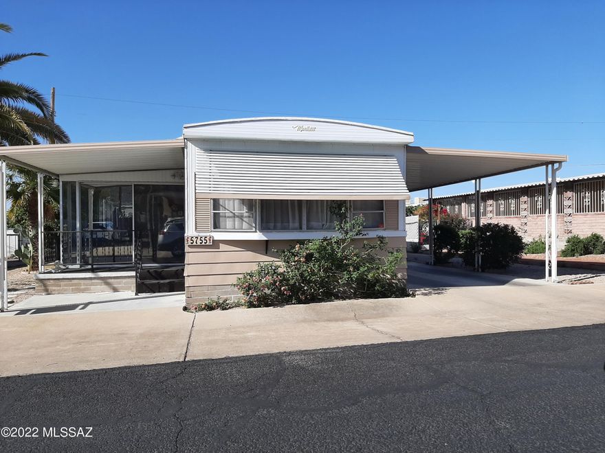 Tucson Estates ''55-Plus'' Community.  Well maintained North facing mobile home.  2 bd, 2 ba.  Nice Arizona  Room to enjoy your morning coffee. Perfect winter retreat or year around home.  HOA fee includes unlimited golf, tennis, pickleball, shuffleboard, 3 pools, exercise room, spa and trash collection. There are many other activities too numerous to list.