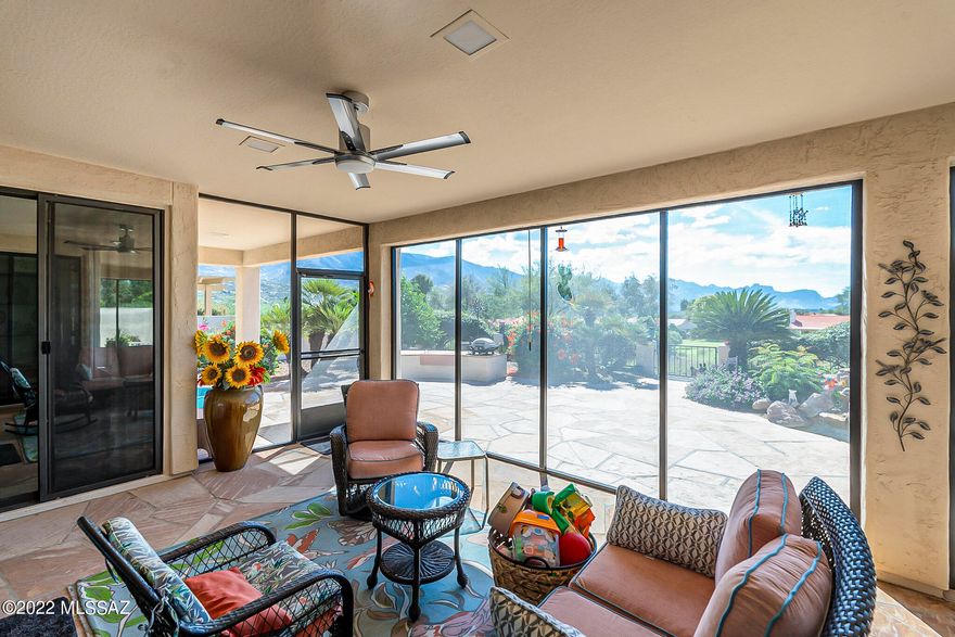 Beautifully remodeled ESTANCIA w/CASITA backing south to golf course and Catalina mountains! Enjoy the views from the private backyard – in the large screened in patio or out. 3 bedrooms each with en-suite bathrooms. Kitchen was expanded w/new cabinets, granite, 6-burner gas Thermador range, pot filler, built-in counter-depth refrigerator, MW drawer, farm sink, and large gathering island w/wine fridge. Primary suite has walk-in shower and contemporary soaking tub, updated cabinets and granite. Tile flooring throughout the home. HVAC (2016), recirculating pump on 2007 Hot Water Heater, epoxy garage floor w/room for workbench and plenty of storage. Laundry has additional office space w/granite and cabinets. Move-in ready. Come enjoy all that SaddleBrooke has to offer!