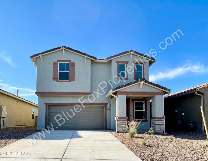 This home is a brand-new build, never been lived in with the park directly across the street. This 2 story 3 bedroom, 2.5 bath home has it all. The main floor features tile flooring, the half bath, great room with dining area and kitchen. The kitchen has all the upgrades with the granite counters, center island with breakfast bar, stainless frig, d/w, gas stove and microwave. The upstairs has a nice sized loft for additional living area, extra large laundry room with shelving and washer/dryer included, 2 regular sized bedrooms, the main bath and the master bedroom with an attached bathroom and large walkin closet. Back yard is fully walled in and has a covered patio. Please note that window blinds and rock in the backyard will be installed. Community Park is located directly across Unless otherwise requested by tenant put down to Blue Fox is an Equal Opportunity Housing Provider. We are also licensed Realtors.