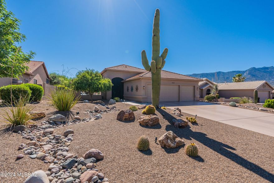 Professionally designed & luxuriously renovated inside & outside. Located on one of the largest lots in SaddleBrooke. Coveted East/West exposure. One-story Galleria model is move-in ready. Travertine floor tile interior (except bedrooms),also the exterior walks & multiple patios. Custom cabinetry with dramatic granite counters. Kitchen redesigned with 11' island w/ view of backyard, saltwater pool & spa, waterfall & mountains. Large pantry. GE Profile appliances. Stone wall with TV mounted over gas fireplace & lighted art niches. Updates: roof, dual zoned HVAC, humidifier, hot water heater, new garage doors, 2x6 const, PEX pipes, TAP Insulation, alarm, house painted. 43'x16' patio roof cover raised to 11' with no columns in middle  .OWNER IS LICENSED REAL ESTATE AGENT IN AZ.