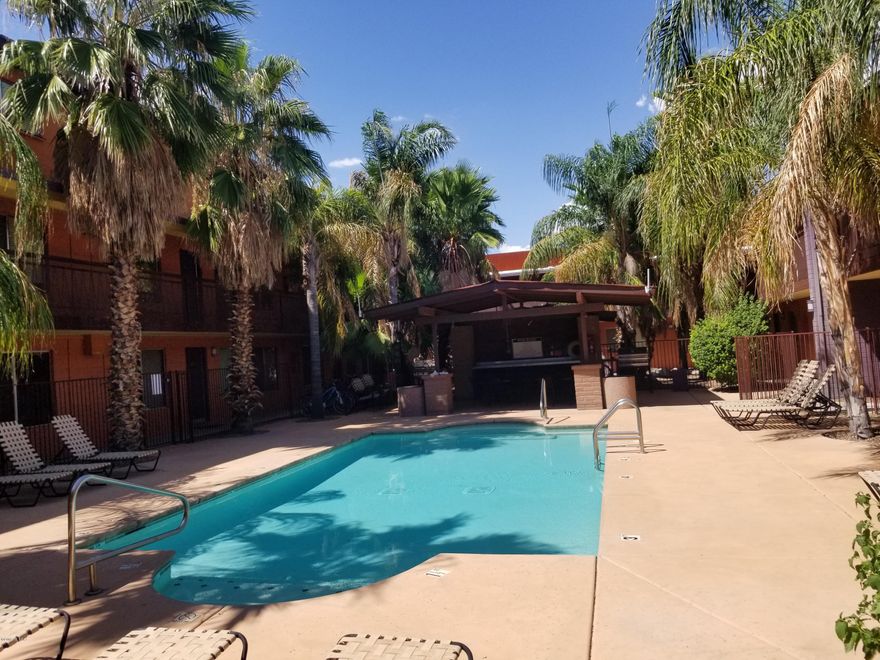 Beautiful 2 bedroom 1 bath partially furnished condo close to U of A and Downtown! Stainless steel appliances, concrete floors, granite countertops. community pool armada, barbecue make this a great place to live! One designated parking space and bicycle parking inside gates.