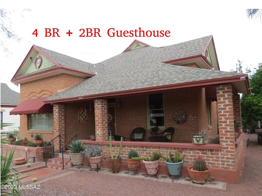 Pristine, Historical Armory Park! Originally constructed in 1900! Features: Main home has 4 bedrooms (FP in BR3), 2 bathroom; 2,187 sq ft. Guest Home has separate address (636 S Railroad) (1 tax ID/2 bldgs). 2 bedrooms. GREAT RENTAL!!! 3 secured, private, covered parking spots, 1 for GH. Alarm/Cameras. Tons of storage inside and out! Huge closets. Three 500-gallon rainwater harvesting storage containers; water filtration system; solar hot water heater (owned); electric car level 2 charging station; new appliances 2020; quartz countertops; termite warranty 4/24; new A/C & Heat 6/2020 warranty. Guest Home: 684 sq ft with 2 bedrooms & 1 bath; separate utilities; separate covered parking; separately fenced yard; new appliances 2020; step down to bedroom 3 & 4 .  PLEASE See list attached