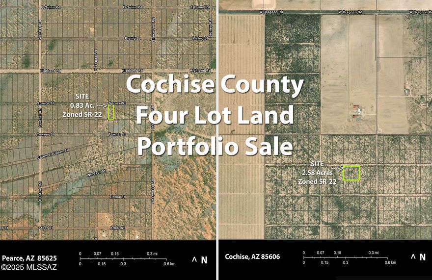 Invest in central Cochise County with this four-parcel land portfolio offering. Residential SR-22 zoned lots located in Sunsites units 4 and 6. Owner is selling together as a package and will not separate due to selling costs. The Unit 4 lot is in Pearce (85625) zoned SR-22 and is located at near Spruce & Topaz streets; APN is 115-11-152. The three contiguous Unit 6 a lots are in Cochise comprising 2.58 acres, located south of Dragoon Rd near the alignment w/ Quarter Horse Rd. APNs are 206-09-219, 206-09-220 & 206-09-221. Please see aerial photo maps for details. Lots are to be considered off-grid, quite a distance from utilities. Bring all offers. Motivated seller. Develop, resell or hold for the future; the choice is yours!