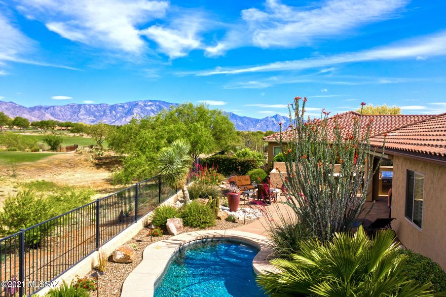 We're Proud to Present 2012 Highly Upgraded Verano & Guest House, Saltwater Spool, Golf Course & Mountain Views, 3 Bedrooms, Den, 3.5 Baths, Ext. 2.5 Car Garage, 2,938 SF home. Pavers in  driveway, pathways, courtyard with gas fireplace. Great Room with stacked stone gas fireplace. Outstanding Kitchen with granite counters, stainless appliances, custom cabinetry, & large island. Dining Room with built in wine bar & refrigerator. Owner's Suite with updated bathroom & custom designed closet. Den/Office has French doors & built in bookcase. Guest Bedroom with en-suite bath. Laundry room with storage & utility sink. Covered patio with electric rolling shade. Gated private yard, built-in BBQ, saltwater spool, cozy gas firepit, golf course & mountain views to enjoy. All amenities are nearby.