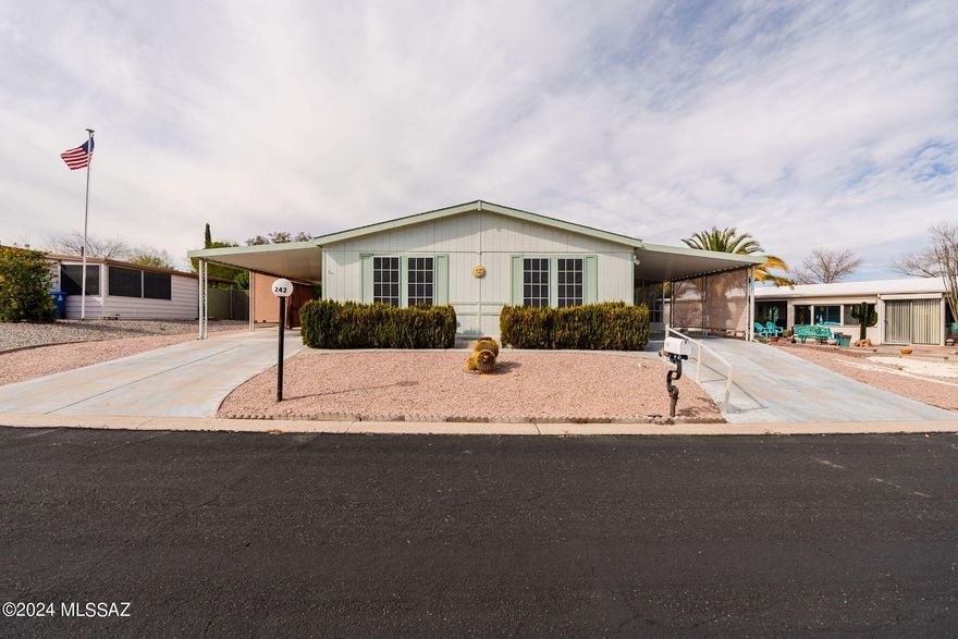 Located in desirable 55+ Pueblo Estates you will find this well maintained 3 bedrooms, 2 bath, home built in 1995. Great room with a separate dining area. Large kitchen features breakfast bar, ample storage space, stainless steel range with double oven. Spacious primary bedroom with walk-in closet and large bathroom. Newer A/C with smart thermostat, newer roof. Large workshop/storage off carport. Property also includes FULLY OWNED SOLAR installed in 2022! Enjoy mountain views, and sunrises from the east facing Arizona room...HOA only $65.00 Mo. includes trash pick-up, street maintenance, recreation facilities, heated pool & hot tub. Close to Shopping, Restaurant's, Medical Facilities, Hospital and Golf. NO GVR but available.