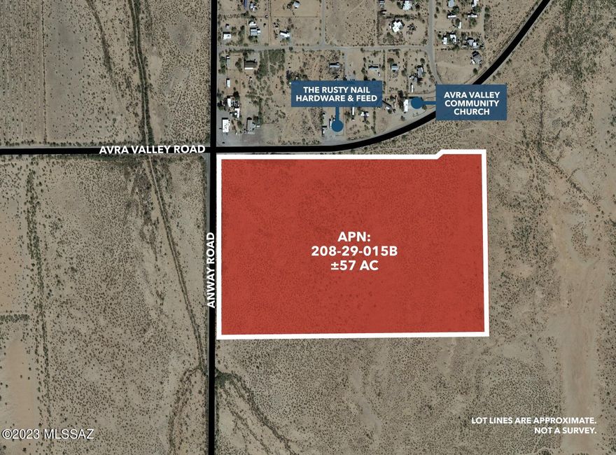 Rare +/- 57 acres in the Marana / Avra Valley AZ area. In the path of growth. Location, Location, Location !!! 57 flat acres on a section corner at the intersection of main east-west arterial Avra Valley Rd and major north-south paved Anway Rd in the fast growing Avra Valley / Marana areas. Zoned RH (Rural Homestead) in Pima County. Many possible uses with electricity along the western boundary and level, easy to develop land. Commercial potential with businesses across the street. Develop an Equestrian business etc. Easy direct access to Marana, I-10 and Tucson. Near proposed future I-11 alignment. Great Investment / Speculative Buy.  Seller will allow time for a re-zoning if wanted by Buyer. Detailed Marketing package available. See virtual tour for a birds eye view!