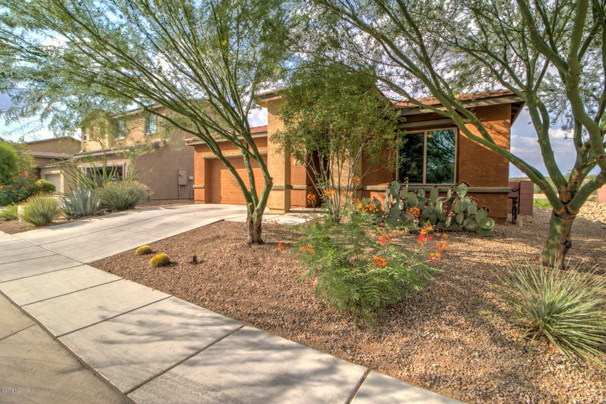 Move in ready single story home located in Madera Highlands features a split floor plan that welcomes with a foyer that leads to two bedrooms & a hallway full bath with shower/tub. 3BD/2BA home features an open floor concept of family room & kitchen that offers an island breakfast bar; breakfast eating area, stainless steel appliances & plenty of cabinet space.  Master suite features a walk in closet, a walk in shower w/glass sliding door & dual vanities. Spacious laundry room w/built in shelves & a hanging rack. Carpet & tile through out home. Enjoy the afternoons in a covered patio w/low maintenance vegetation, gravel & no rear neighbors.  Enjoy from the numerous amenities that Madera Highlands has to offer from a community pool, park, sport courts plus nearby shopping & dining places.