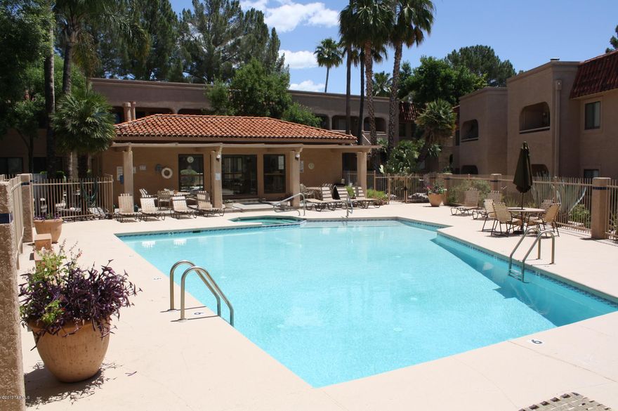 Private 2nd floor Catalina Foothills condo overlooking the community pool area.  This conveniently located condo features ceramic tile throughout (no carpet), covered patio, high wood beamed ceiling, wood burning fireplace, black appliances, washer / dryer in condo, water, sewer, trash included in rent and a popular location near shopping and numerous restaurants.