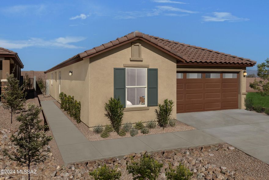 This single-story former model home features enhanced landscaping with pavers and designer window coverings throughout. The spacious great room leads to a covered back patio. The modern kitchen showcases dark brown birch cabinets, pantry, and Whirlpool® stainless steel appliances. The spacious home office includes a wallpaper accent wall, built-in desk, cabinets, and floating shelves. The primary suite boasts a walk-in closet and adjoining bath with a shower and dual-sink vanity. Price includes discount predicated on using seller's preferred lender KBHS. Eligible for up to 6% towards rate buy down or closing costs. Must use seller's preferred lender KBHS for financing. Projected closing month is May 2024.