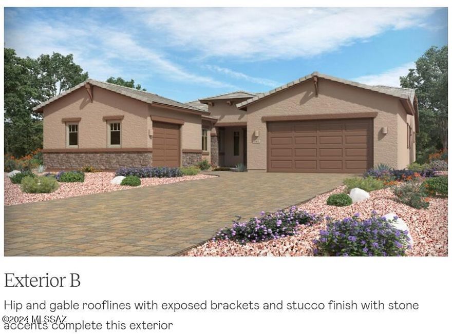 This single-story home comes in four elevations. The home showcases an open-concept layout among the kitchen, the dining area and Great Room, extending to the covered patio. This plan also offers a flexible den or bedroom, two bedrooms with a game room in between and a luxe owner's suite.  Includes Upgraded Kitchen Appliances, Cabinets and Quartz Countertops.   Our homes include - Honeywell Home T6 Pro Z-Wave - smart thermostat, Rinnai® tankless water heater and more!