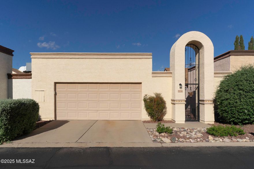 NEWLY PAINTED & MOVE-IN READY home offering 1,009 sq. ft. with tall vaulted ceilings, open floor plan, and well lit. Lots of windows and easy access into the outdoor space. UPDATED KITCHEN brings country-meets-modern with sleek stainless steel Samsung appliances installed in June 2024, copper-tone accents, and painted cabinetry. Both bedrooms feature private en-suite bathrooms, making it an ideal layout for guests or shared living. Enjoy Arizona evenings on the spacious covered patio. Two-car open garage includes extra storage. ADDITIONAL UPDATES include HVAC system replaced in 2022 with Ecobee smart thermostat and new black & rose gold washer with steam-cleaning dryer. Be sure to explore the Countryside Community Club featuring pool, spa, pickleball, and more. Home warranty included.