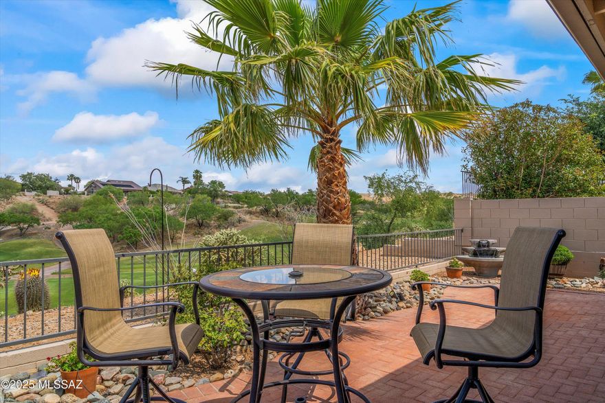 Beautifully updated Diego Model with vibrant, colorful landscaping and stunning golf course and Catalina Mountain views! This 2-bedroom plus den home is ideally situated for panoramic views of the 5th & 6th greens. Enjoy spectacular sunsets from the extended back patio and mountain vistas from the front courtyard. Inside, you'll find granite countertops, under-mount sinks, newer stainless steel appliances, a cozy gas fireplace with elegant tile surround, and solar tubes for added light. The spacious primary suite features dual closets and patio access. Turnkey and meticulously maintained — truly a must-see!