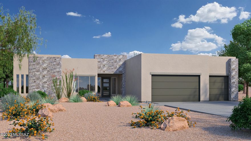 Fairfield Homes New Construction, Mesquite Plan in gated community w/ 4 bedrooms, teen lounge, office, large great room, walk in pantry and large rear patio to enjoy our Tucson weather. 48'' linear fireplace, 8' interior doors with 12' ceilings in main living space. 16' x 10' multi slide door to let the outdoors in. Gather around the oversized island with family and friends. Estimated completion summer 2024. Rendering is conceptional and may not depict exact final product. Private Gate and Road Agreement.